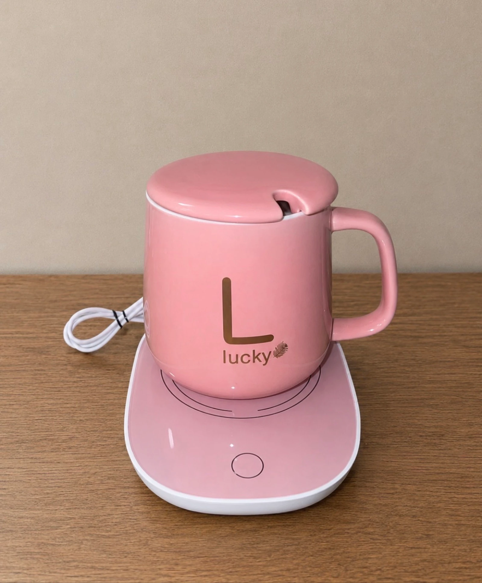 Taza calentadora eléctrica rosa con base y tapa • Nueva
